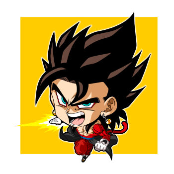1boy abs absurdres aqua_eyes baggy_pants black_hair blue_sash chibi commentary_request curtained_hair dragon_ball dragon_ball_heroes earrings energy_blade eyeliner gloves highres jewelry long_bangs looking_at_viewer makeup male_focus medium_hair monkey_tail nose open_mouth outline outside_border pants pectorals potara_earrings qcumber_illust red_eyeliner red_pants sash solo spiked_hair square super_saiyan super_saiyan_4 tail teeth tongue topless_male v-shaped_eyebrows vegetto vegetto_(xeno) white_footwear white_gloves white_outline