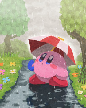 :o blue_eyes blue_flower blush blush_stickers bush cloud cloudy_sky commentary_request copy_ability flower grass highres holding holding_umbrella kirby kirby_(series) looking_up miclot nintendo no_humans orange_flower outdoors overcast parasol parasol_kirby path pink_flower plant puddle purple_flower rain road sky solo standing tree umbrella white_flower yellow_flower