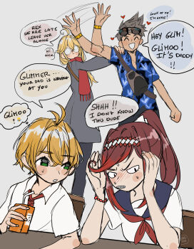 1girl 2boys 3boys absurdres aged_up ahoge bag bespectacled blonde_hair blush bracelet brown_hair casual dadeltan embarrassed english_text facial_hair father_and_daughter father_and_son glasses glimmer_(xenoblade) goatee gradient_hair green_eyes hairband hawaiian_shirt highres jewelry juice_box long_coat long_hair low-tied_long_hair multicolored_hair multiple_boys nikol_(xenoblade) ponytail red_hair red_scarf rex_(xenoblade) round_eyewear scarf school_uniform serafuku shirt shorts shulk_(xenoblade) spiked_hair sunglasses tote_bag waving xenoblade_chronicles_(series) xenoblade_chronicles_1 xenoblade_chronicles_3 xenoblade_chronicles_3:_future_redeemed