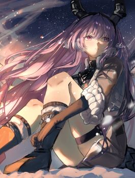 1girl a6_9s_rinlin arknights black_gloves black_hairband black_horns boots brown_boots brown_jacket brown_shorts commentary_request fake_horns gloves hairband highres horn_hairband horns jacket long_hair looking_to_the_side parted_lips purple_eyes purple_hair short_sleeves shorts sidelighting sitting snow snowing solo typhon_(arknights) typhon_(northern_pathfinder)_(arknights)