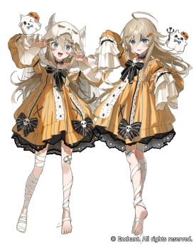 1girl @_@ ahoge bandaged_leg bandages double_v dress fang halloween_costume multiple_views no_shoes planetzer_0 single_bare_foot sleeves_past_fingers sleeves_past_wrists v white_background