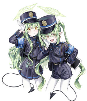 2girls :d armband backpack bag belt belt_pouch black_belt black_tail blue_archive blue_armband blue_shorts blue_skirt blush buttons commentary cowboy_shot cropped_legs demon_tail double-breasted earrings fang gloves green_hair green_halo halo hand_on_own_hip hand_up hat highres hikari_(blue_archive) holding holding_tablet_pc jewelry jg_(pixiv_114536863) long_hair long_sleeves looking_at_viewer multiple_girls nozomi_(blue_archive) open_mouth pantyhose peaked_cap pleated_skirt pointy_ears pouch rabbit_pose shorts siblings simple_background sisters skin_fang skirt smile smug standing tablet_pc tail twins twintails white_background white_gloves white_pantyhose yellow_eyes