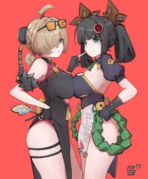 Rule 34 | 2girls, ahoge, black-framed eyewear, black dress, black gloves, black hair, black shrug, blaze (zenless zone zero), blonde hair, breast press, breasts, cheek poking, china dress, chinese clothes, closed mouth, commentary request, dress, eyewear on head, fingerless gloves, gloves, green eyes, hair over one eye, hand fan, hand on own hip, holding, holding fan, large breasts, looking at another, mu jiang, multiple girls, pelvic curtain, poking, purple eyes, red background, shrug (clothing), simple background, single fingerless glove, sunglasses, sweety (zenless zone zero), symmetrical docking, tinted eyewear, tuanshan, yellow-tinted eyewear, zenless zone zero