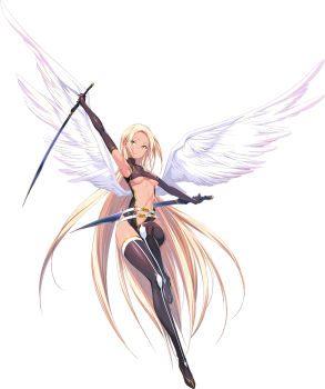 1girl angel angel_wings black_gloves boots breasts brown_eyes choukou_(alicesoft) choukou_taisen_escalation_heroines clothing_cutout dark-skinned_female dark_skin dual_wielding full_body gloves hadal_(escalation_heroines) highres holding holding_sword holding_weapon kawagishi_keitarou long_hair looking_to_the_side medium_breasts navel official_art sword thigh_boots weapon wings