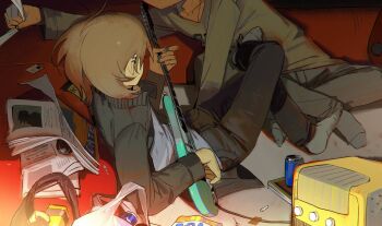 2boys bag beer_can black_jacket black_nails black_pants blonde_hair can couch drink_can ear_piercing electric_guitar foot_on_another&#039;s_stomach grey_socks guitar head_out_of_frame highres holding holding_instrument indian_style instrument jacket long_sleeves mk1liaoqian multiple_boys nail_polish newspaper on_floor open_clothes open_jacket original pants paper piercing plastic_bag plectrum reclining shirt short_hair sitting socks stepped_on