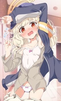1girl aoba_(blue_archive) arm_up armband armpits blonde_hair blue_archive blue_jacket blush bow bow_panties breasts camisole embarrassed eyebrows_hidden_by_hair flying_sweatdrops grey_shirt halo highres jacket kon_cry loli long_hair looking_at_viewer open_mouth orange_eyes panties shirt small_breasts solo strap_slip underwear white_camisole white_panties yellow_armband yellow_halo