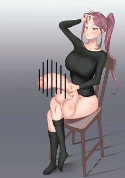1futa animated animated_gif bar_censor brown_hair censored chair crossed_legs cum cum_on_body cum_on_legs ejaculation foreskin futanari heavy_breathing huge_penis huge_testicles masturbation no_panties penis ponytail sitting socks solo testicles