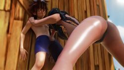 1boy 1girl 3d age_difference animated ass bayonetta bayonetta_(series) bent_over black_hair black_one-piece_swimsuit blue_shorts blue_sky breasts brown_hair crossover day drill_hair embarrassed feet_out_of_frame fellatio from_behind from_side hetero huge_ass kingdom_hearts large_breasts legs_apart lolpantsu long_hair looking_afar looking_to_the_side looping_animation one-piece_swimsuit onee-shota oral outdoors penis shorts shota size_difference sky sora_(kingdom_hearts) standing swimsuit tagme testicles uncensored video