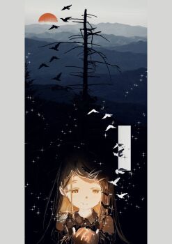 1girl absurdres bare_tree bird chi_(luckyeric320) closed_mouth collared_shirt cupping_hands detached_sleeves earrings gakuen_idolmaster glowing grey_hair grey_shirt hands_up highres idolmaster jewelry light_blush long_hair looking_down mountainous_horizon orange_eyes own_hands_together parted_bangs pillarboxed shinosawa_hiro shirt sky sleeveless sleeveless_shirt smile solo sparkle stud_earrings sunset tree upper_body white_sky