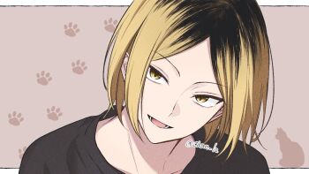 Rule 34 | 1boy, black hair, black shirt, blonde hair, brown eyes, cat, chun lz, crew neck, haikyuu!!, kozume kenma, looking at viewer, male focus, multicolored hair, open mouth, parted bangs, paw print, roots (hair), shirt, short hair, slit pupils, smile, solo, twitter username