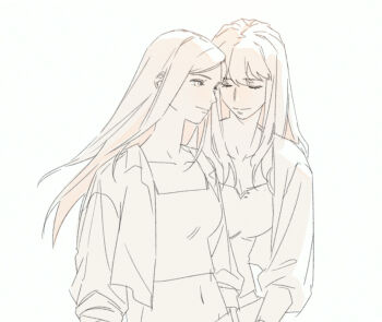 Rule 34 | 2girls, closed mouth, commentary, crop top, fujino shizuru, greyscale, guri gom, hashtag-only commentary, jacket, kuga natsuki, long hair, monochrome, multiple girls, my-hime, smile, tank top, yuri