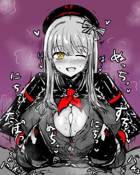 Rule 34 | 1boy, 1girl, beret, blush, breasts, breasts squeezed together, emma (nikke), fingerless gloves, geist43195783, gloves, goddess of victory: nikke, hair ribbon, hat, heart, hetero, highres, huge breasts, long hair, looking at viewer, monochrome, neckerchief, open mouth, paizuri, paizuri under clothes, partially unbuttoned, pov, red neckerchief, ribbon, shirt, solo, spot color, steaming body, sweat, yellow eyes