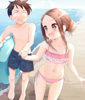 Rule 34 | 1boy, 1girl, :d, barefoot, beach, bikini, blue male swimwear, blue swim trunks, blush, brown eyes, brown hair, collarbone, commission, dot nose, foot out of frame, forehead, frilled bikini, frills, full-face blush, hair bun, highres, holding, holding hands, holding swim ring, innertube, karakai jouzu no takagi-san, male swimwear, medium hair, navel, nishikata, ocean, open clothes, open mouth, outdoors, parted bangs, pink bikini, pixiv commission, sand, short hair, side-tie bikini bottom, sidelocks, single hair bun, smile, spiked hair, swim ring, swim trunks, swimsuit, takagi-san, topless male, wari (nirodo26), water