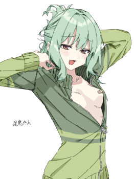1boy :d arm_behind_head arms_up bandaid bandaids_on_nipples blush breasts brown_eyes character_name collarbone commentary_request cowboy_shot folded_ponytail furrowed_brow green_hair green_jacket grey_background hair_between_eyes highres hinalover jacket long_sleeves looking_at_viewer male_focus male_with_breasts medium_breasts medium_hair narrowed_eyes open_mouth osugaki otori_tan partially_open_jacket pasties seitokai_ni_mo_ana_wa_aru! sidelocks simple_background smile solo standing trap variant_set zipper