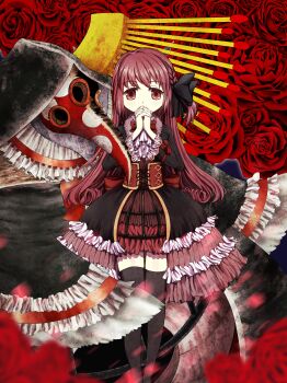 2girls absurdres ascot back_bow bird_mask black_bow black_cloak black_coat black_thighhighs bow bowtie braid cloak coat collar commentary_request corset crinoline cross-laced_clothes cross-laced_corset curly_hair daifuku_(fd0925fd0925fd) doppel_(madoka_magica) dot_nose dress dual_persona expressionless feet_out_of_frame floral_background flower frilled_collar frilled_dress frilled_sleeves frills fur-trimmed_coat fur_trim gothic_lolita hair_bow highres interlocked_fingers lolita_fashion long_hair long_sleeves looking_at_viewer magia_record:_mahou_shoujo_madoka_magica_gaiden magical_girl mahou_shoujo_madoka_magica mask matchstick multiple_girls open_clothes open_coat own_hands_clasped own_hands_together pennen_nolde plague_doctor_mask red_background red_bow red_bowtie red_dress red_eyes red_flower red_hair red_mask red_rose rose rose_background satomi_touka short_dress side_braid sleeve_bow straight-on tareme thighhighs white_ascot wide_sleeves