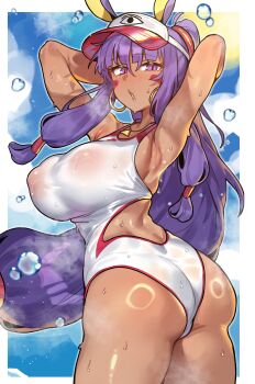 1girl absurdres animal_ears armpits arms_behind_head arms_up ass bare_shoulders breasts covered_erect_nipples dark-skinned_female dark_skin earrings facepaint facial_mark fate/grand_order fate_(series) highleg highleg_one-piece_swimsuit highres hoop_earrings jackal_ears jewelry large_breasts long_hair looking_at_viewer necklace nitocris_(fate) nitocris_(fate/grand_order) nitocris_(swimsuit_assassin)_(fate) nitocris_(swimsuit_assassin)_(second_ascension)_(fate) one-piece_swimsuit purple_eyes purple_hair radishkek sidelocks solo swimsuit thighs very_long_hair visor_cap wet white_one-piece_swimsuit