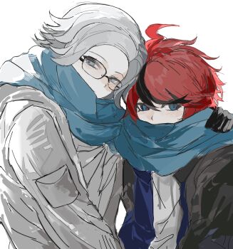 Rule 34 | 2boys, ahoge, aotsuki eito, black gloves, black hair, black jacket, blue eyes, blue jacket, blush, chinese commentary, commentary request, covered mouth, drawstring, glasses, gloves, grey hair, hair between eyes, hand on another's shoulder, highres, jacket, long sleeves, male focus, multicolored hair, multicolored jacket, multiple boys, open clothes, open jacket, pale skin, pocket, red hair, red pupils, scarf, shared clothes, shared scarf, short hair, simple background, streaked hair, sumino takumi, the hundred line -last defense academy-, two-tone hair, two-tone jacket, white background, white jacket, xuebai de yumao 553041