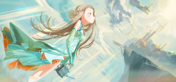 1girl absurdres braid brown_hair choker cloud commentary_request detached_sleeves dress gakuen_idolmaster highres idolmaster light_rays long_hair shinosawa_hiro sky solo superhoikoro watering_can