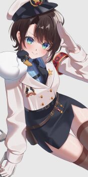 1girl :&gt; animal animal_on_shoulder arm_at_side armband belt belt_buckle belt_charm belt_pouch bird black_belt black_necktie black_skirt black_thighhighs blue_eyes blue_shirt blush brown_belt brown_hair buckle buttons character_name charm_(object) closed_mouth collared_shirt cowboy_shot cuffs dot_nose double-breasted duck emblem glint gloves grey_background handcuffs harness hat head_tilt highres holding holding_handcuffs hololive jacket lapels long_sleeves looking_at_viewer miniskirt necktie official_alternate_costume oozora_subaru oozora_subaru_(police) pendora1022 police police_hat police_uniform policewoman pouch red_armband salute sheriff_badge shiny_skin shirt short_hair side_slit simple_background skindentation skirt smile split_mouth subaru_duck sunglasses thighhighs tilted_headwear virtual_youtuber white_gloves white_jacket zettai_ryouiki