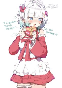 Rule 34 | 1girl, ahoge, alternate costume, apron, bandaid, bandaid on hand, blush, box, densetsu.exe, dress, green eyes, green hair, hair ornament, heart-shaped box, highres, holding, holding box, medium hair, mint fantome, multicolored hair, open mouth, orobou, red dress, solo, two-tone hair, two side up, white apron, white background, white hair, x hair ornament