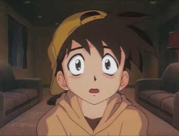 1boy 2000 amon:_the_apocalypse_of_devilman animated animated_gif backwards_hat black_hair devilman elementary_school_age hat hood hoodie indoors kneeling layered_sleeves leg_focus legs long_sleeves makimura_tare messy_hair nervous night non-web_source pee pee_stain peeing peeing_self punching scared shirt short_over_long_sleeves short_shorts short_sleeves shorts socks surprised