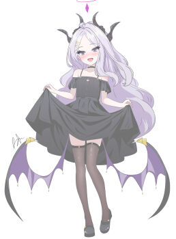 1girl absurdres alternate_costume bare_shoulders black_choker black_dress black_horns black_shoes black_thighhighs blue_archive blush choker collarbone commentary dress full_body grey_hair heart highres hina_(blue_archive) horns long_hair looking_at_viewer low_wings multiple_horns open_mouth parted_bangs purple_eyes runarie shoes signature simple_background skirt_hold solo spaghetti_strap standing thighhighs very_long_hair white_background wings