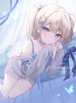 1girl absurdres animal bare_shoulders blue_bow blue_choker blue_eyes blush bow brown_hair bug butterfly choker closed_mouth collarbone commentary_request commission copyright_request dutch_angle grey_jacket grey_shorts hair_between_eyes hair_bow hair_ornament hairclip highres insect jacket long_hair long_sleeves looking_at_viewer lying off_shoulder on_side open_clothes open_jacket pillow puffy_long_sleeves puffy_sleeves rucaco shorts signature skeb_commission sleeves_past_wrists smile solo twintails virtual_youtuber watermark x_hair_ornament