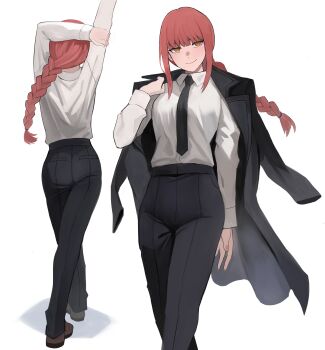 1girl absurdres arms_up ass black_coat black_necktie black_pants braid braided_ponytail chainsaw_man closed_mouth coat coat_on_shoulders collared_shirt formal_clothes highres jourd4n long_sleeves makima_(chainsaw_man) multiple_views necktie pant_suit pants red_hair shirt sidelocks simple_background smile stretching suit white_background white_shirt