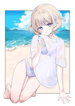 1girl absurdres beach bikini bikini_under_clothes blonde_hair border bottle breasts choker commentary_request highres holding holding_bottle hololive hololive_dev_is looking_at_viewer multicolored_hair purple_bikini purple_choker purple_eyes purple_hair see-through_clothes shirakabamoga shirt short_hair small_breasts solo streaked_hair swimsuit todoroki_hajime virtual_youtuber water_bottle white_border white_shirt