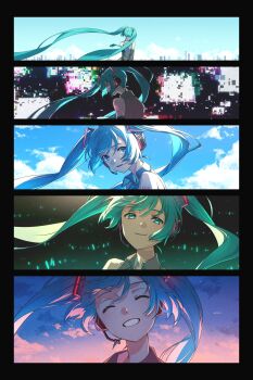 1girl ^_^ aqua_eyes aqua_hair arm_tattoo arms_behind_back black_border blue_sky border closed_eyes closed_mouth cloud collared_shirt commentary detached_sleeves glowstick grey_shirt grey_sleeves grin hatsune_miku headset highres long_hair long_sleeves looking_at_viewer looking_back mele_ck multiple_views number_tattoo penlight_(glowstick) shirt sky smile tattoo teeth twintails very_long_hair vocaloid