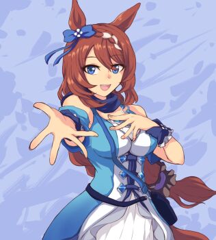 1girl animal_ears bag blue_bag blue_bow blue_dress blue_eyes blue_scarf bow braid breasts brown_hair commentary_request dress ear_bow ear_ribbon hair_between_eyes hair_ornament hand_on_own_chest highres horse_ears horse_girl horse_tail large_breasts long_hair looking_at_viewer multicolored_hair open_mouth outstretched_arm reaching reaching_towards_viewer scarf shoulder_bag smile solo streaked_hair super_creek_(murmuring_stream)_(umamusume) super_creek_(umamusume) tail umamusume very_long_hair white_hair windg0 wrist_cuffs