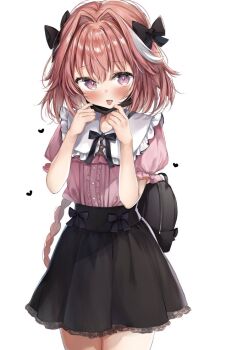 1boy :p astolfo_(fate) black_ribbon black_skirt blush braid center_frills commentary_request cowboy_shot fate/grand_order fate_(series) frills heart highres long_hair looking_at_viewer male_focus mask mask_pull miniskirt mochi_nabe mouth_mask neck_ribbon pink_eyes pink_hair pink_shirt puffy_short_sleeves puffy_sleeves ribbon shiny_skin shirt short_sleeves simple_background skirt solo tongue tongue_out trap white_background white_hair