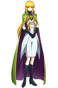 1girl black_boots black_gloves blonde_hair blunt_bangs blush boots breasts cape code_geass code_geass:_lost_stories dress gloves green_cape highres knights_of_the_round_uniform long_hair looking_at_viewer monica_kruszewski non-web_source official_art ribbon simple_background smile tachi-e two-sided_cape two-sided_fabric white_background white_dress