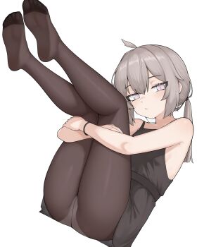 1girl :/ ahoge armpit_crease bare_shoulders belt black_belt black_dress black_pantyhose cheyanne_(girls'_frontline_2) cheyanne_(maiden_debut)_(girls'_frontline_2) dress feet full_body gd146 girls'_frontline girls'_frontline_2:_exilium grey_eyes grey_hair highres hugging_own_legs legs_up loli long_hair looking_at_viewer m200_(girls'_frontline) official_alternate_costume panties panties_under_pantyhose pantyhose ponytail simple_background sleeveless sleeveless_dress soles solo toes underwear white_background white_panties wristband