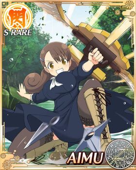 1girl aiming aimu_(senran_kagura) arrow_(projectile) black_thighhighs blue_dress bow_(weapon) breasts brown_eyes brown_hair card_(medium) crossbow curled_ends curly_hair dress fighting forest game_cg grin holding holding_crossbow holding_weapon kiritsusei_juuji_academy_school_uniform kunai lace lace-trimmed_thighhighs lace_trim large_breasts long_hair looking_at_viewer low_twintails nature neckerchief official_art on_one_knee school_uniform senran_kagura senran_kagura_new_wave shuriken smile solo swept_bangs thighhighs twintails water weapon white_neckerchief