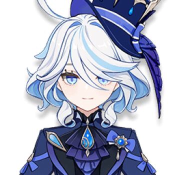 blue_dress blue_eyes blue_hair blue_headdress blue_jacket chest_jewel dress furina_(genshin_impact) game_screenshot gem gemstone_choker genshin_impact jacket official_art water water_drop white_hair