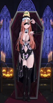 1girl absurdres arm_up bare_shoulders bikini bikini_top_only black_bikini black_bridal_gauntlets black_nails black_veil blue_streaks blush boots breasts bridal_gauntlets candle candlelight candlestand chain character_request cleavage closed_mouth clothing_cutout coffin commentary_request commission cross detached_collar diamond_cutout fieryonion forehead full_body green_eyes hair_ornament halloween halloween_costume highres holding indie_virtual_youtuber jack-o&#039;-lantern jewelry knee_boots korean_commentary large_breasts legs light_smile long_hair looking_at_viewer mixed-language_commentary multicolored_hair navel navel_cutout night nun one_eye_covered orange_hair pumpkin red_carpet ring sidelocks silver_trim skull_hair_ornament solo stairs standing straight-on streaked_hair swimsuit thighs underboob veil very_long_hair virtual_youtuber window