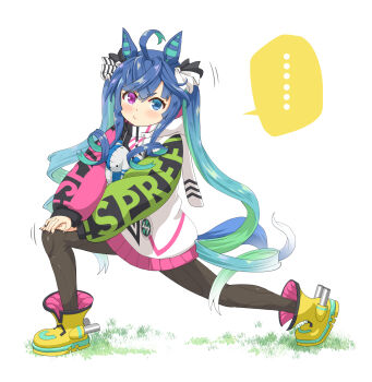 ... 1girl @_@ animal_ears animal_hood aqua_hair black_jacket black_nails black_pants black_pantyhose blue_eyes blue_hair blunt_ends blush boots clothes_writing commentary_request crossed_bangs gradient_hair grass green_hair green_sleeves hands_on_own_knee haniwa_(leaf_garden) heterochromia highres hood hood_down hooded_jacket horse_ears horse_girl horse_tail jacket long_hair long_sidelocks long_sleeves multicolored_hair multicolored_jacket nail_polish pants pantyhose pink_sleeves puckered_lips purple_eyes rabbit_hood raglan_sleeves sidelocks solo spoken_ellipsis stretching stuffed_animal stuffed_rabbit stuffed_toy tail twin_turbo_(blast_mode!_turbo_engine)_(umamusume) twin_turbo_(umamusume) twintails umamusume v-shaped_eyebrows very_long_hair white_jacket yellow_boots