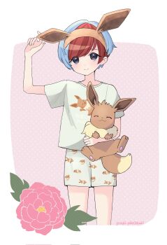 1girl :3 ^_^ adjusting_clothes adjusting_headwear animal_ear_hairband animal_ears animal_print black_eyes blue_hair closed_eyes cropped_legs eevee eevee_ears fake_animal_ears flower gen_1_pokemon hairband hand_up highres holding holding_pokemon light_blush multicolored_hair nintendo no_eyewear pajamas pawpads penny_(pokemon) peony_(flower) pokemon pokemon_(creature) pokemon_sv red_hair saki_pokeoekaki shirt short_hair short_sleeves shorts smile two-tone_hair white_shirt white_shorts