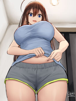 1girl ahoge belly_grab blue_eyes blue_skirt breasts brown_hair empty_eyes false_smile female_focus from_below hair_between_eyes highres indoors large_breasts long_hair oekakizuki open_mouth original senpai_(oekakizuki) shirt shorts signature skirt sleeveless sleeveless_shirt smile solo sweat weight_conscious