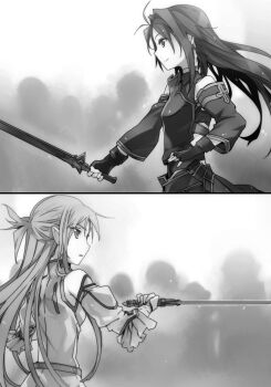2girls antenna_hair armor asuna_(sao) asuna_(sao-alo) breastplate bunbun detached_sleeves fingerless_gloves floating_hair from_side gloves greyscale highres holding holding_sword holding_weapon long_hair monochrome multiple_girls novel_illustration official_art split_screen standing sword sword_art_online very_long_hair weapon yuuki_(sao)