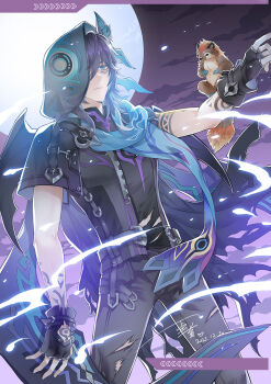 1boy animal animal_on_shoulder artist_name belt black_gloves black_hair black_pants black_shirt blue_eyes blue_hair cape chinese_commentary commentary_request danhuang_danjiang fingerless_gloves genshin_impact gloves hair_over_one_eye holding hood hood_up looking_at_viewer male_focus moon multicolored_hair ororon_(genshin_impact) pants purple_hair scarf shirt solo tattoo torn_clothes torn_pants