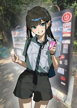 1girl absurdres aqua_eyes belt black_belt black_hair black_necktie black_shorts can collared_shirt commentary cowboy_shot diagonal-striped_clothes diagonal-striped_necktie eg58561415 hand_up highres holding holding_can long_hair looking_at_viewer necktie open_mouth original photo_background school_uniform shirt short_sleeves shorts smile solo striped_clothes teeth white_shirt