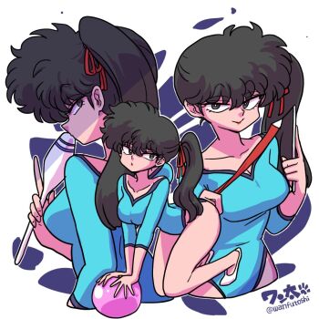 1girl athletic_leotard black_hair breasts green_leotard kunou_kodachi large_breasts leotard looking_at_viewer multiple_views ponytail purple_eyes ranma_1/2 ribbon smile solo wanta_(futoshi)