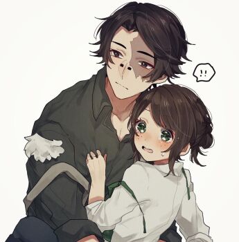 ! 1boy 1girl birthmark black_eyes black_hair black_shirt blush bright_pupils brown_hair closed_mouth couple cowlick curtained_hair emma_woods film_grain freckles green_eyes hair_bun hand_on_another&#039;s_chest height_difference hetero identity_v interrupted looking_to_the_side nishikichi norton_campbell open_collar open_mouth pectoral_cleavage pectorals shirt short_hair simple_background split_mouth spoken_exclamation_mark swept_bangs turning_head white_background white_pupils white_shirt