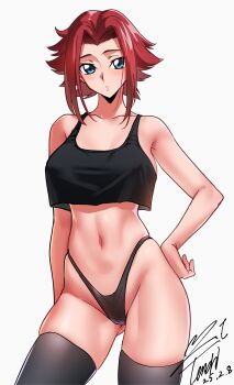 1girl absurdres artist_name bare_shoulders black_thighhighs blue_eyes breasts code_geass cropped_shirt dated female_focus hand_on_own_hip highres kouzuki_kallen large_breasts light_blush medium_hair parted_bangs red_hair simple_background skindentation thighhighs thighs thong white_background yoo_tenchi