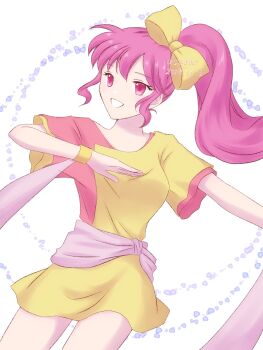 1girl asagao_l bow commentary_request dancing dress fire_emblem fire_emblem:_mystery_of_the_emblem hair_bow highres looking_at_viewer nintendo phina_(fire_emblem) pink_dress pink_eyes pink_hair ponytail purple_sash sash short_dress smile two-tone_dress yellow_bow yellow_dress