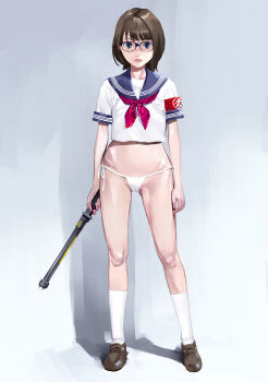 1girl armband arms_at_sides baton_(weapon) blouse blue-framed_eyewear blue_eyes blue_sailor_collar bob_cut brown_hair brown_shoes cameltoe closed_mouth electro_shock_prod electroshock_weapon full_body glasses highres holding holding_weapon inamitsu_shinji kneehighs legs legs_apart less-than-lethal_weapon lips loafers looking_at_viewer neckerchief no_pants original paid_reward_available panties red_neckerchief sailor_collar school_swimsuit school_uniform serafuku shirt shoes short_hair short_sleeves side-tie_panties sleeve_cuffs socks solo standing string_panties stun_baton swimsuit tareme underwear weapon white_panties white_shirt white_socks