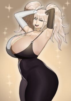 1girl absurdres asymmetrical_gloves bear_hair_ornament big_hair black_dress black_gloves blonde_hair blue_eyes bow breasts cleavage collarbone curvy danganronpa:_trigger_happy_havoc danganronpa_(series) doublehero dress enoshima_junko gloves hair_ornament highres huge_breasts large_breasts long_hair looking_at_viewer mismatched_gloves open_mouth smile solo teeth thick_thighs thighs twintails two-tone_dress white_dress white_gloves wide_hips