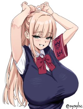 1girl alternate_hairstyle armband blonde_hair bow bowtie breasts green_eyes grin highres jinguji_ayano large_breasts long_hair looking_at_viewer mole mole_under_eye original ponytail red_armband red_bow red_bowtie school_uniform smile solo sweater_vest try_(lsc) twitter_username tying_hair very_long_hair